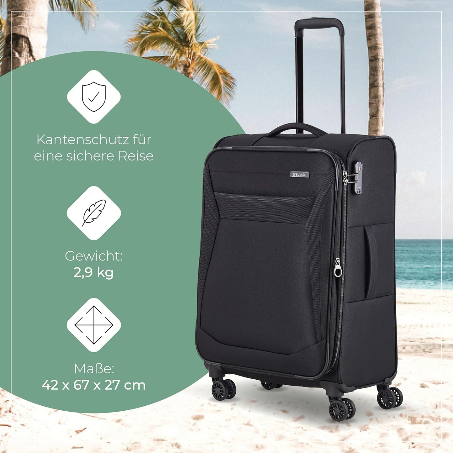 4-Rad Weichschalenkoffer Chios mit Dehnfalte, Trolley Größe M (67 cm) Schwarz