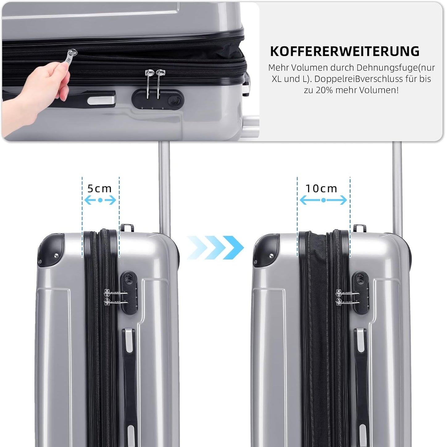 Erweiterbarer Hartschalenkoffer mit Zwillingsrollen, Silber 66cm - 70L