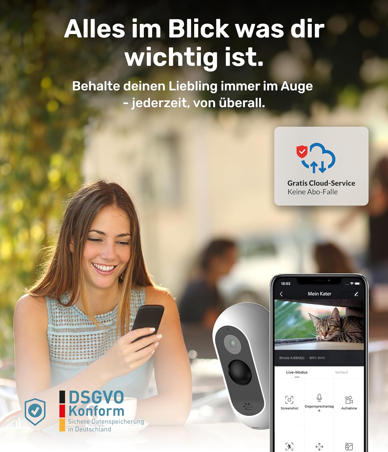 Outdoor Haustierkamera mit 2-Wege-Audio, PetCam Free Outdoor geeignet mit Akku