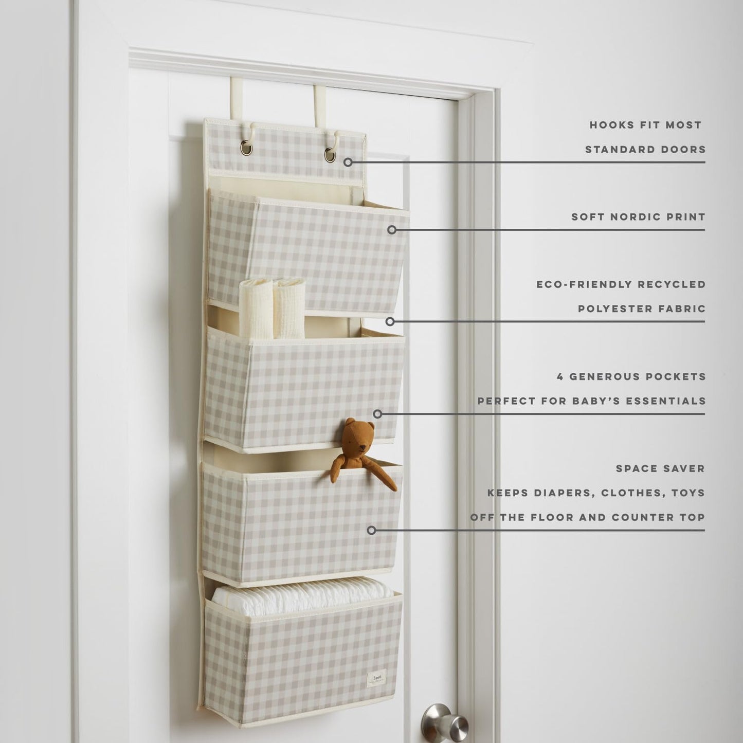 Hängeorganizer für Tür (Ideal für Bad & Kinderzimmer), Gingham Beige