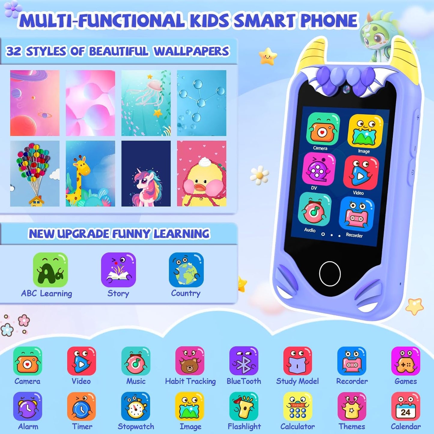 Kinderhandy mit Touchscreen und Dual-Kameras, Blau