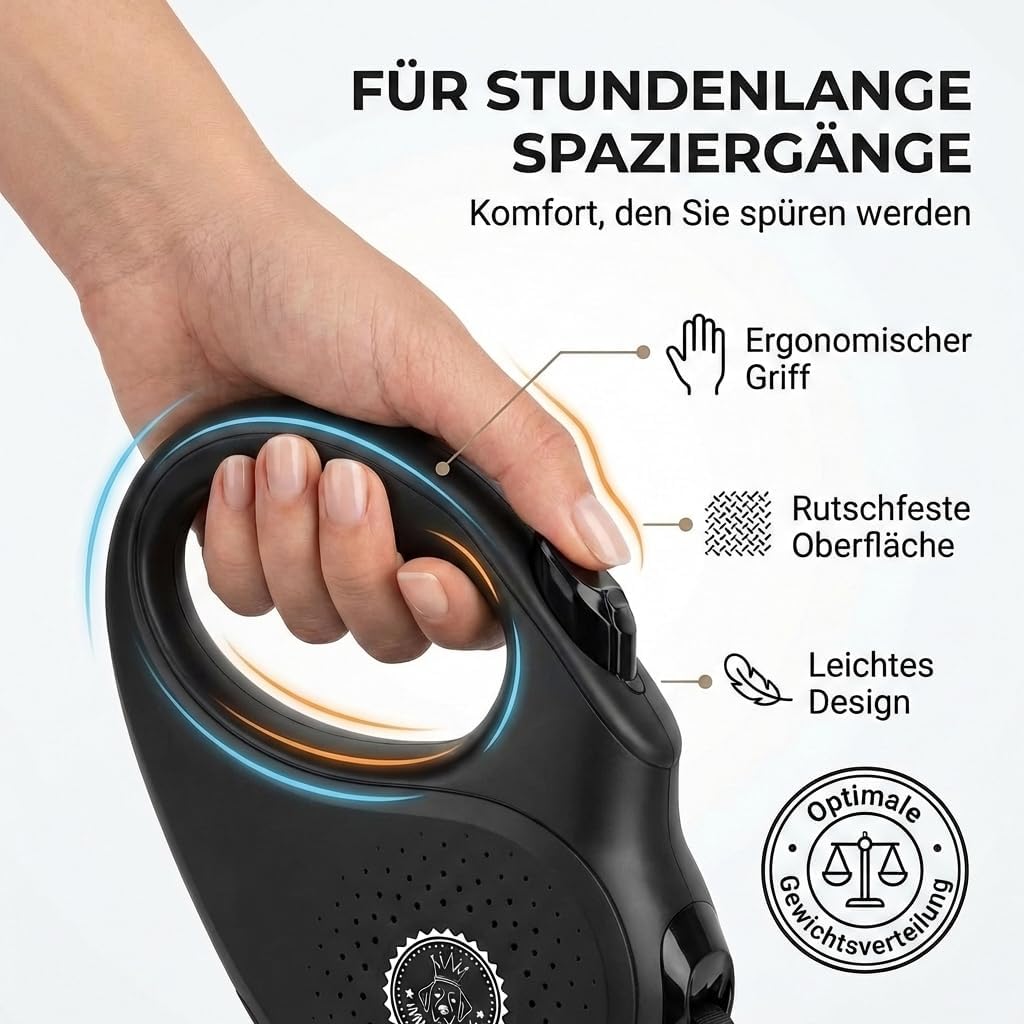 Rollleine mit bequemen Griff, L | 5m | bis 50kg Schwarz