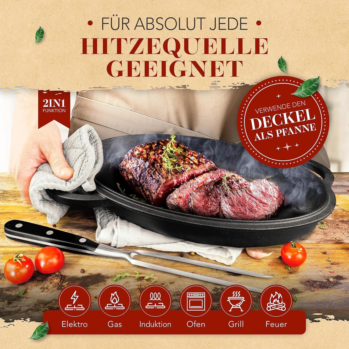 Gusseisen-Bräter mit Fleischgabel, 35cm+Fleischgabel