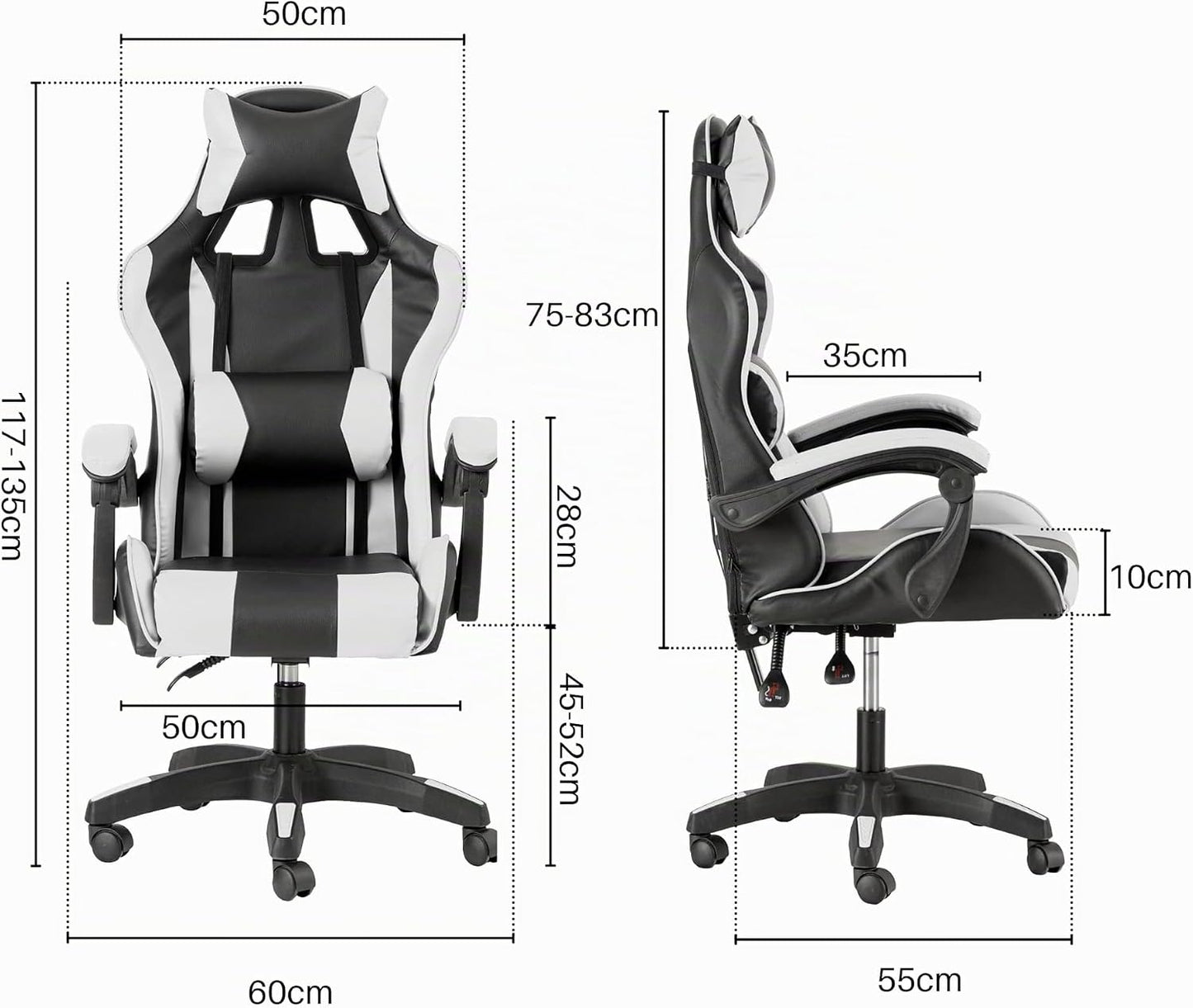 Ergonomischer Gaming-Stuhl mit verstellbarer Rückenlehne, Weiss