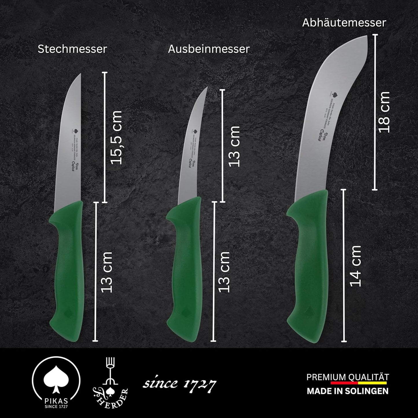 Schlachtmesser/Metzgermesser-Set, Rind & Rotwild - Grün, Schnittfeste Canva-Tasche
