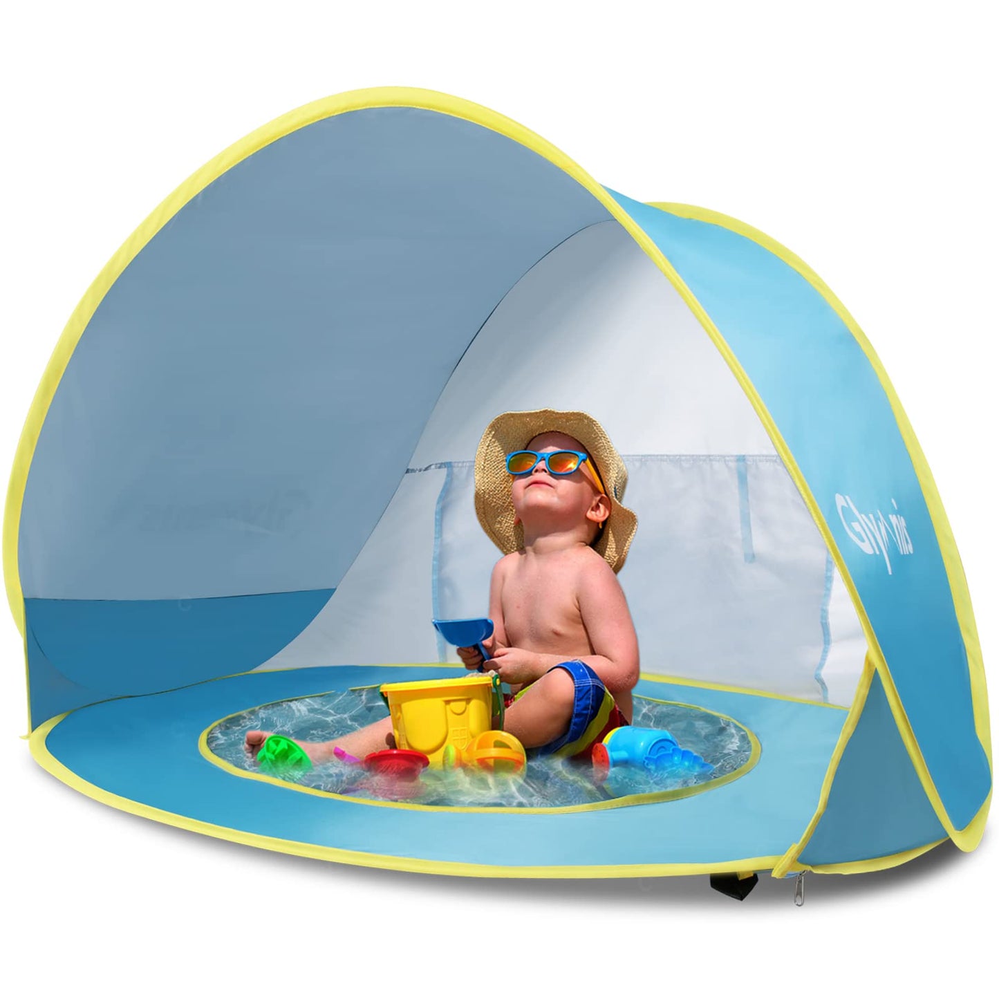 Pop-up Babystrandzelt mit UV-Schutz und Mini Pool, Babyzelt(Blau)