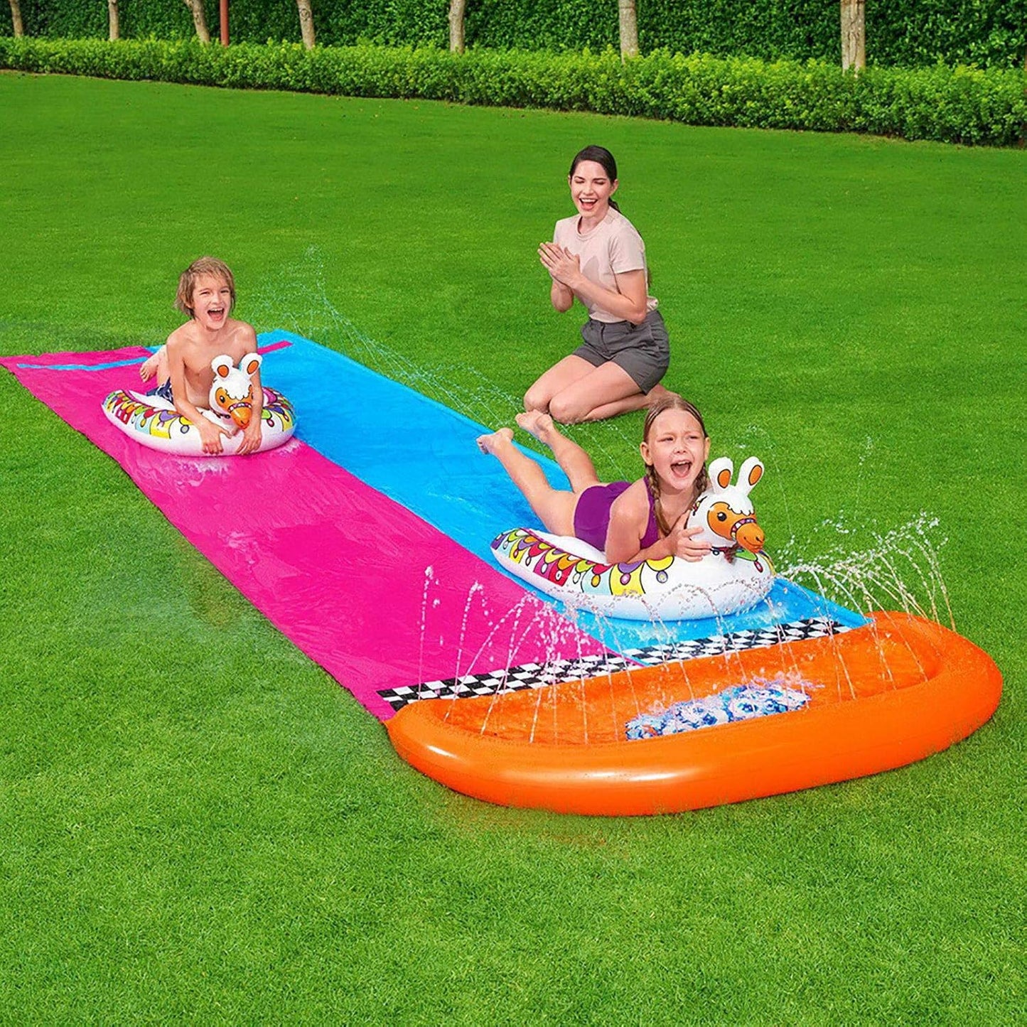 2er-Wasserrutsche mit aufblasbaren Lama-Schwimmtieren, Blau