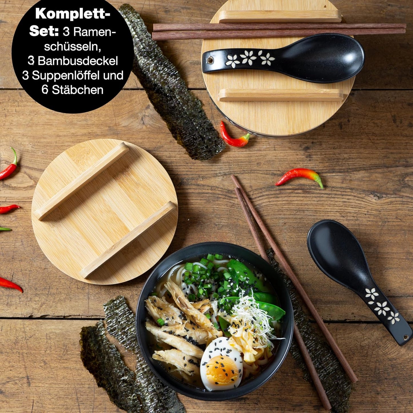 3er-Set Ramen Bowl mit Stäbchen und Löffel, 3x Schale