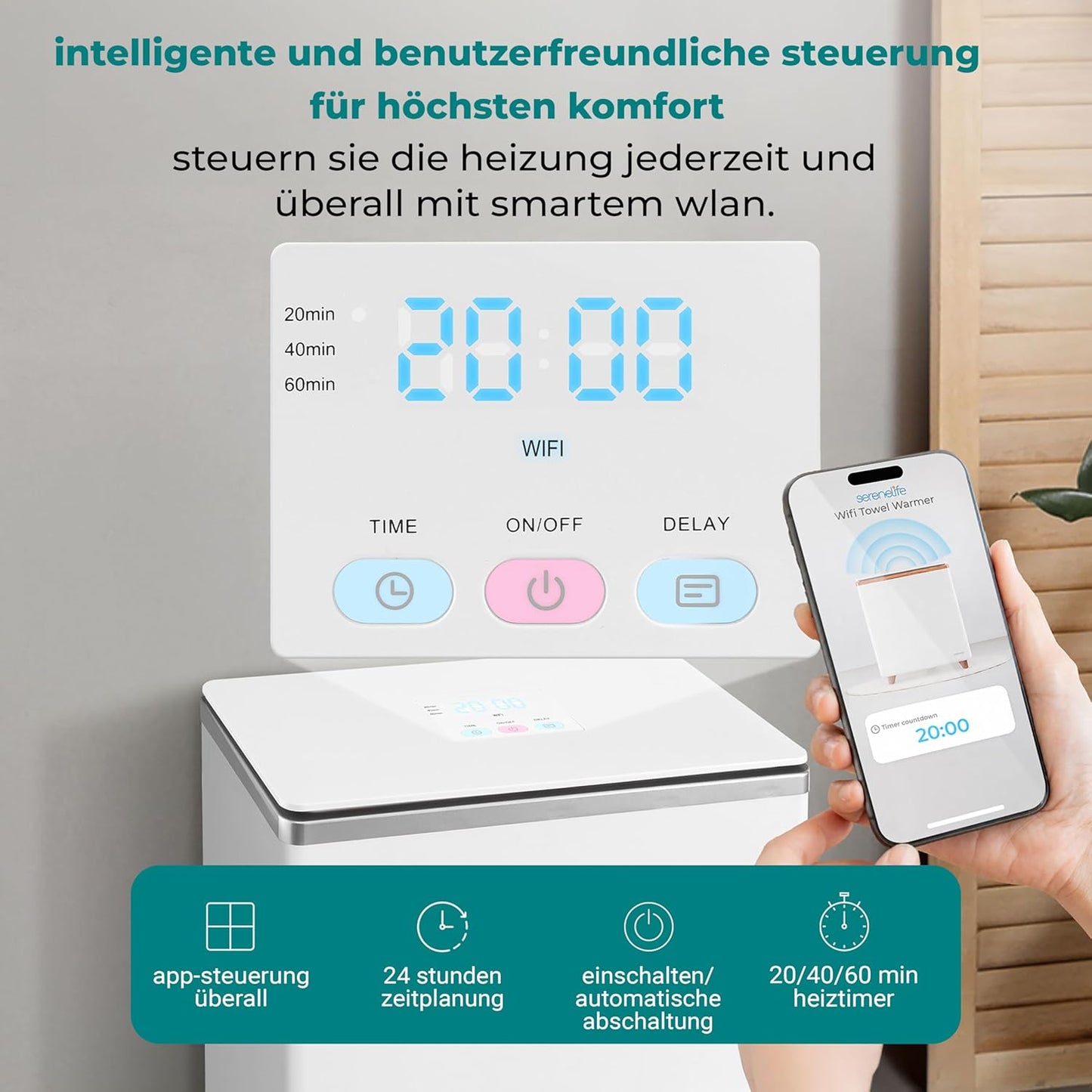 WiFi Handtuchwärmer mit App & Aromatherapie, Silber - Wifi