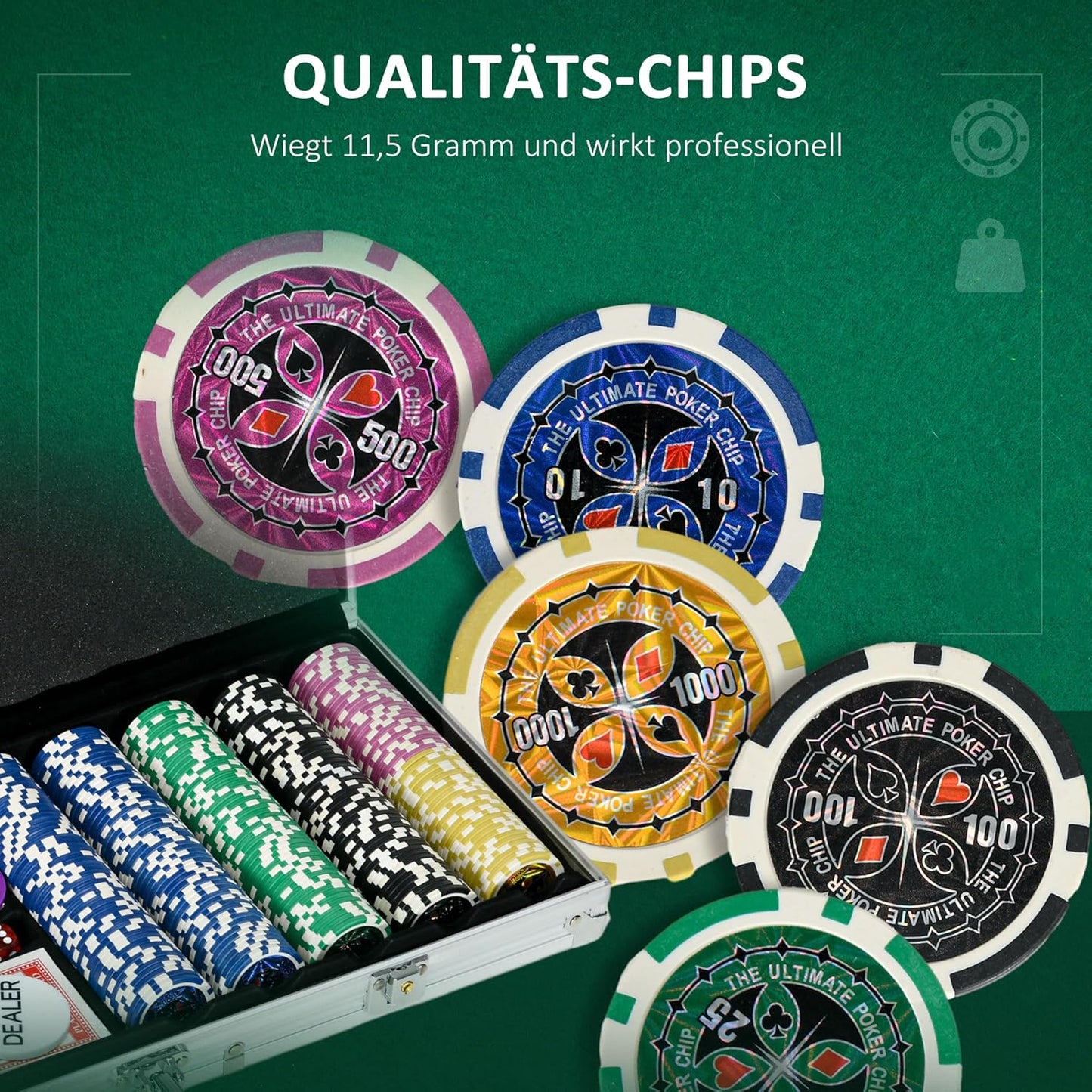 Pokerkoffer mit 500 Chips, 56L x 23,5B x 6,5H cm