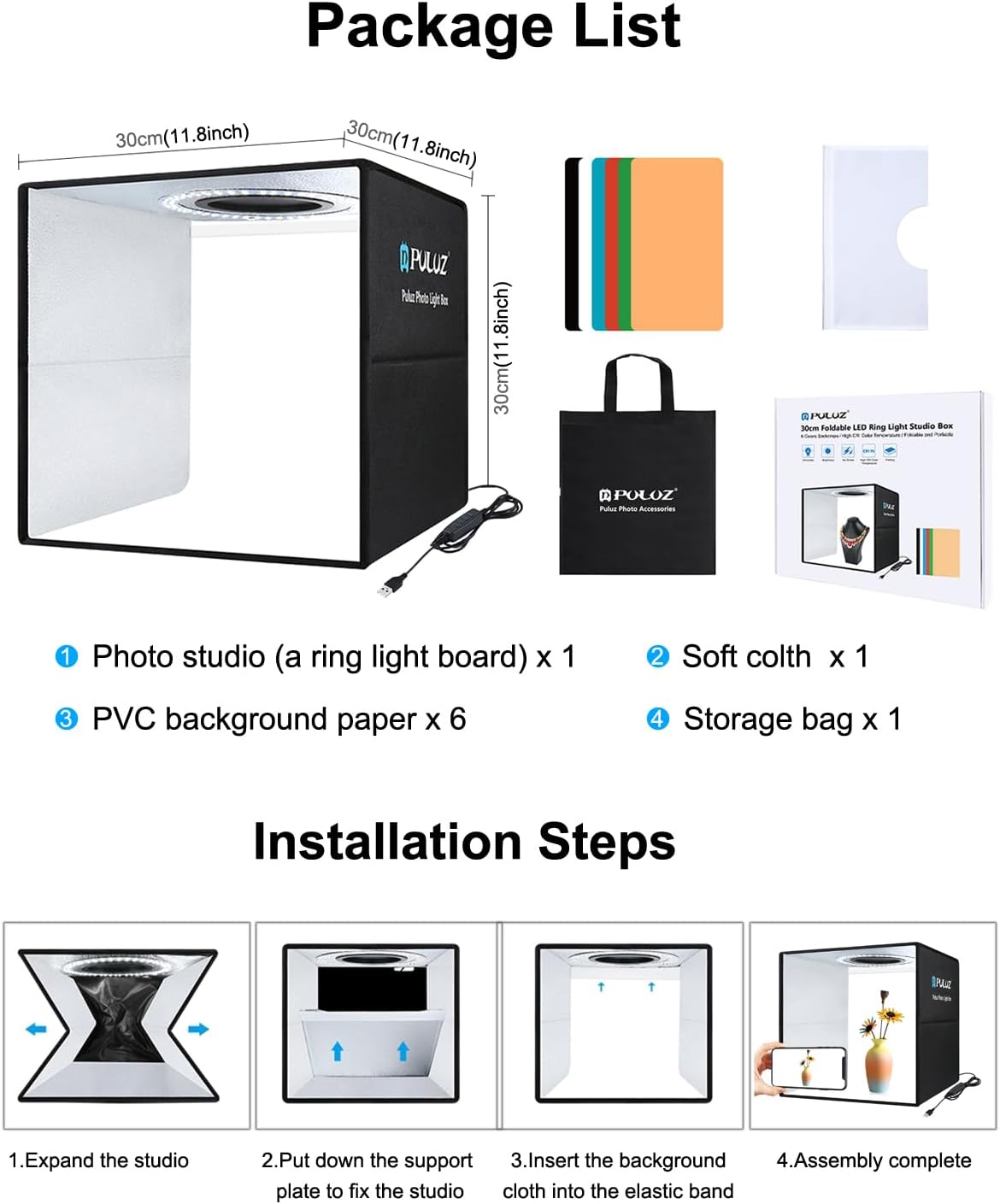 Fotostudio mit integrierter LED-Beleuchtung, 30x30 cm