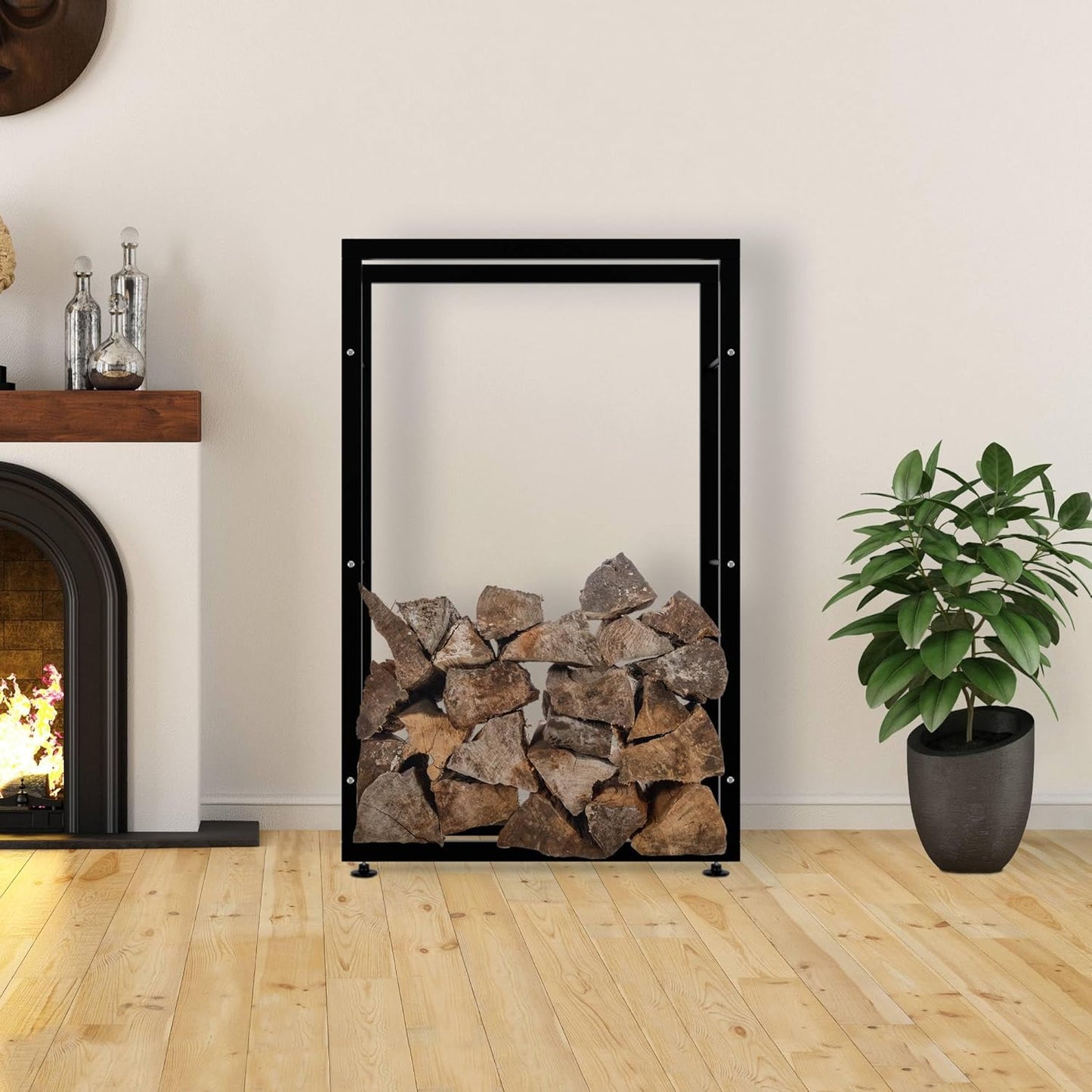 Kaminholzregal Keri V2 mit Bodenschonern, 25x80x125 cm, Schwarz