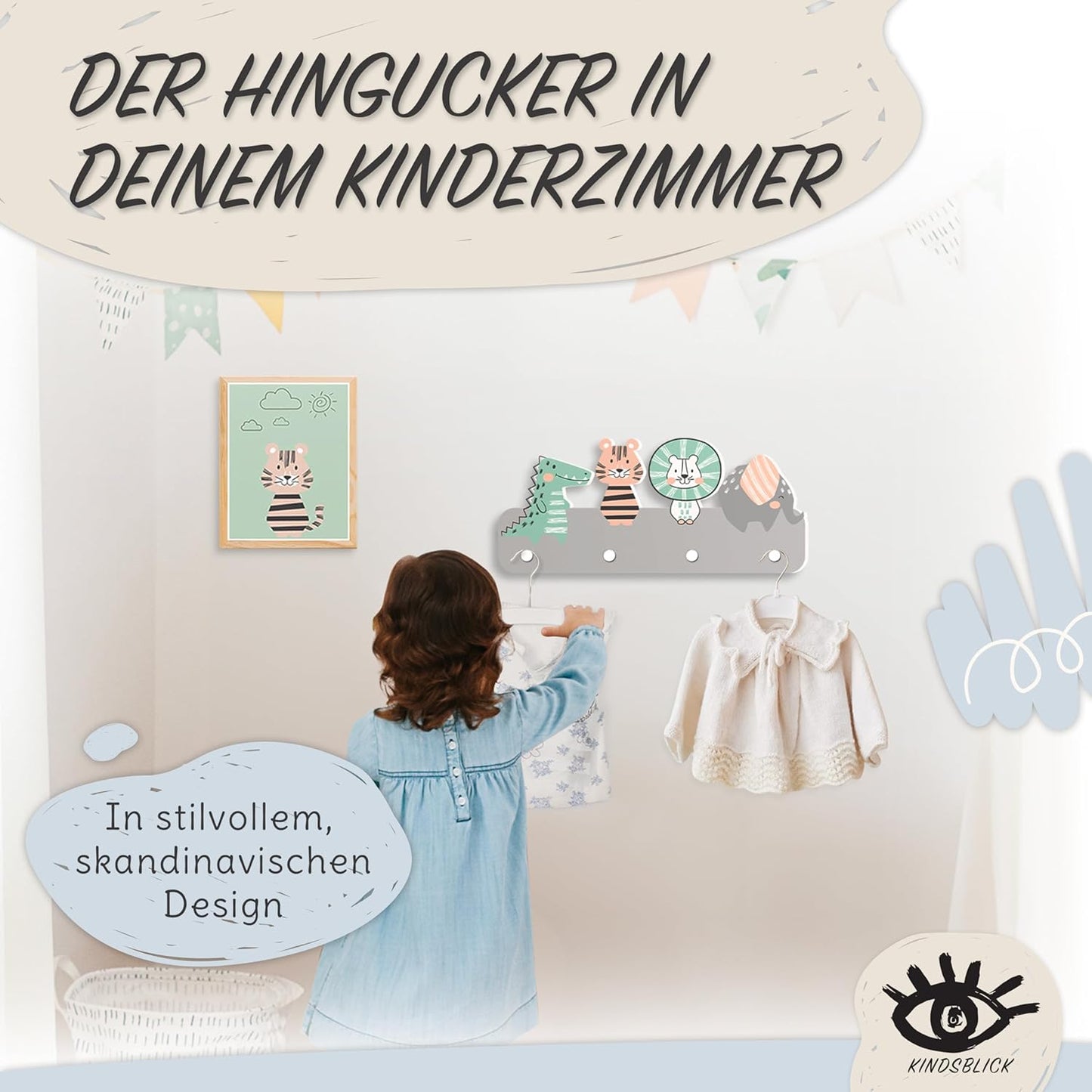 Kindergarderobe mit 4 Haken und A4 Poster, Junglefreunde Grau