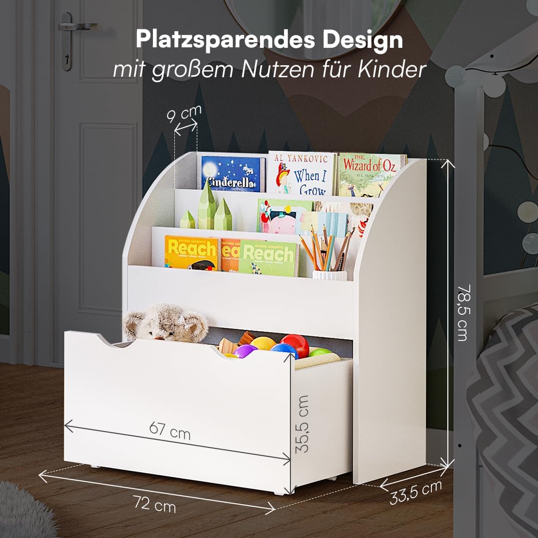 Kinder Bücherregal mit Schublade Montessori, Ohne Faltboxen Weiß, mit Schublade