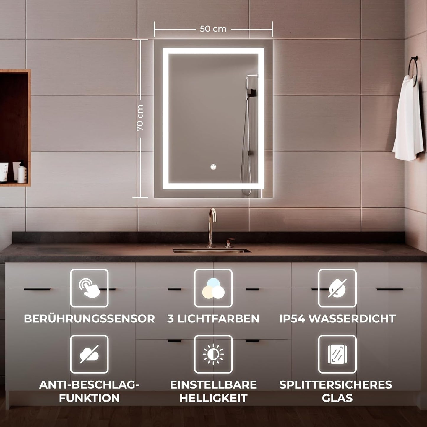 LED Badspiegel mit Anti-Beschlag und Touch-Schalter, 70L x 50B cm