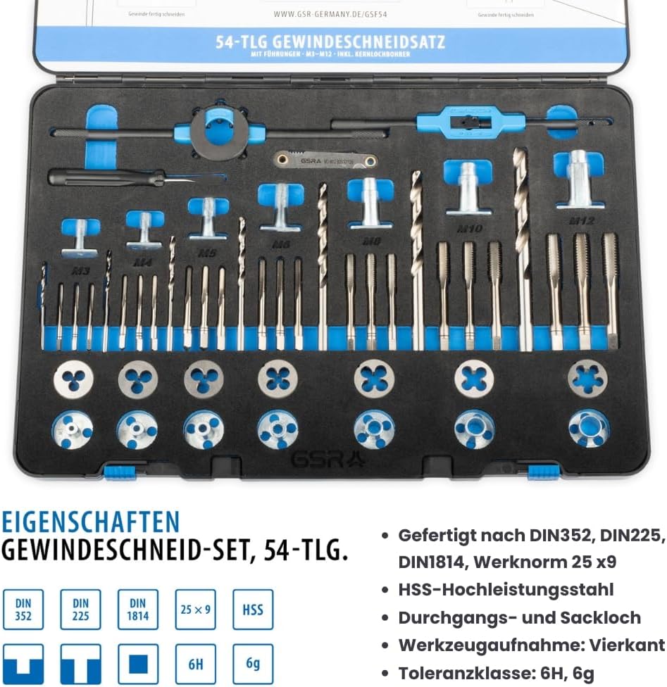 54-teiliges Gewindeschneid-Sortiment M3-M12 HSS