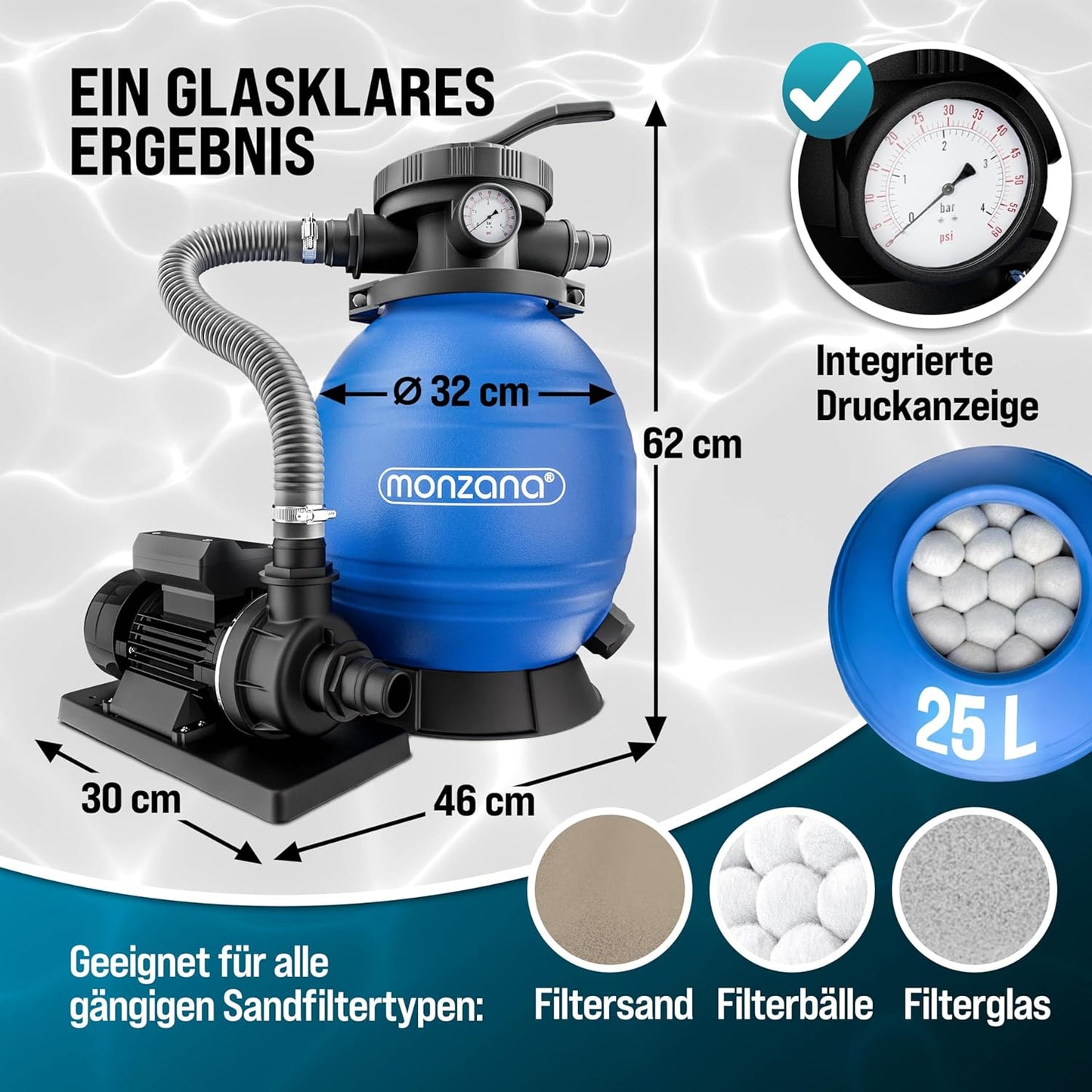 Sandfilteranlage mit 4-Wege-Ventil und Filterglas, 10.200 L/H mit Filterglas