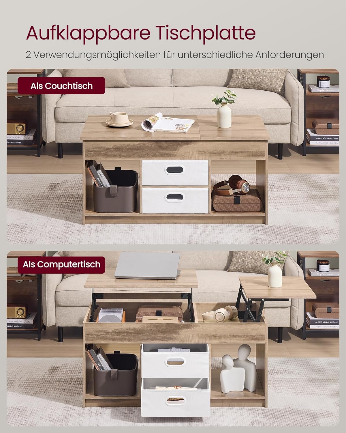 Höhenverstellbarer Couchtisch mit Schubladen, Kamelbraun + Wolkenweiß