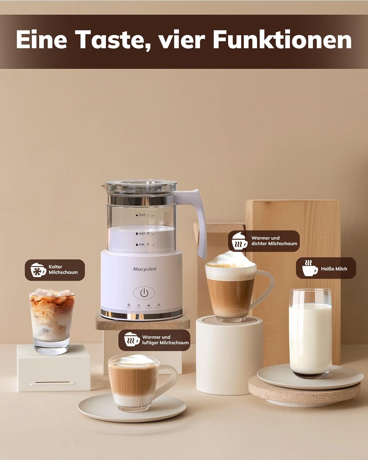 Elektrischer 4-in-1 Milchaufschäumer, 500ml Glas+weiss