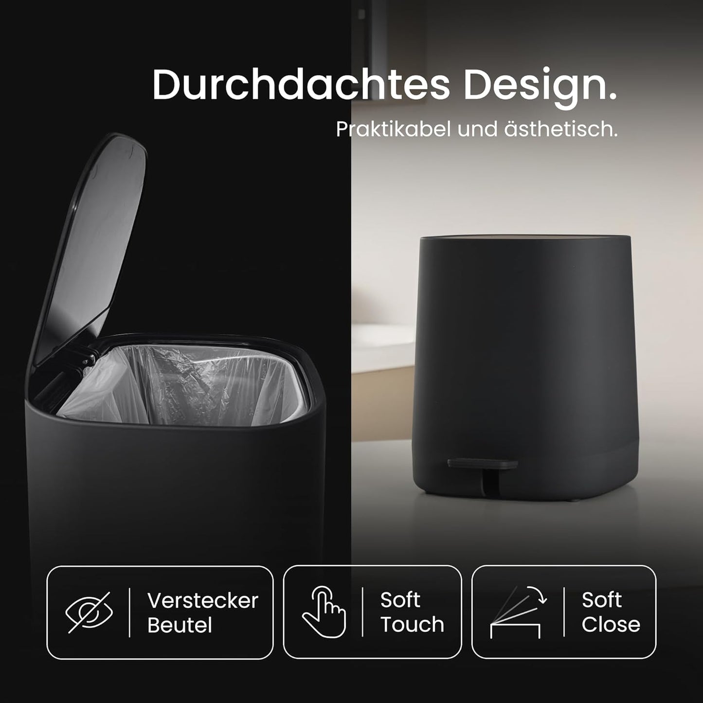 Kosmetikeimer mit Softclose-Deckel, Schwarz