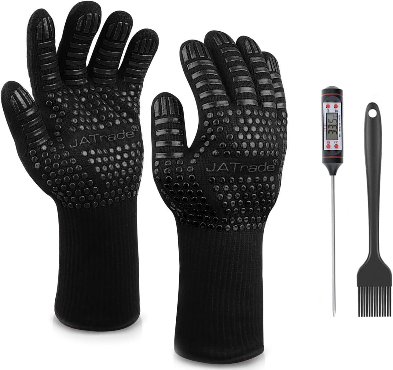 Hitzebeständige Grillhandschuhe mit Grillthermometer, Schwarz - Gr. L/Xl