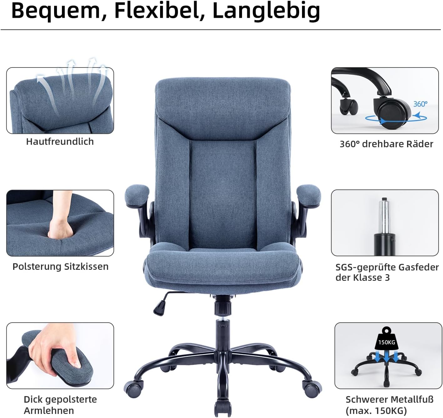 Ergonomischer Bürostuhl mit klappbarer Armlehne, Blau Stoff
