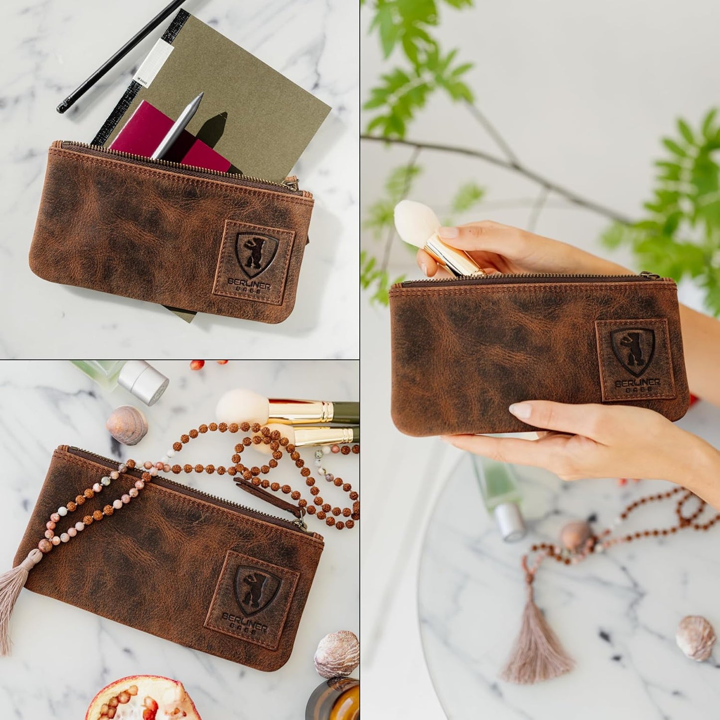 Vintage Leder-Federmäppchen mit Reissverschluss, Earth
