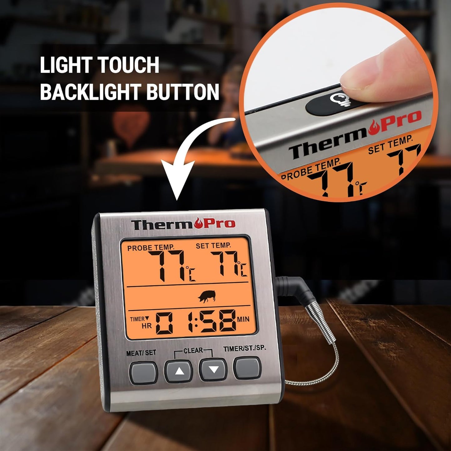 Digitales Grill- und Bratenthermometer mit Timer, Edelstahl mit Hintergrundbeleuchtung