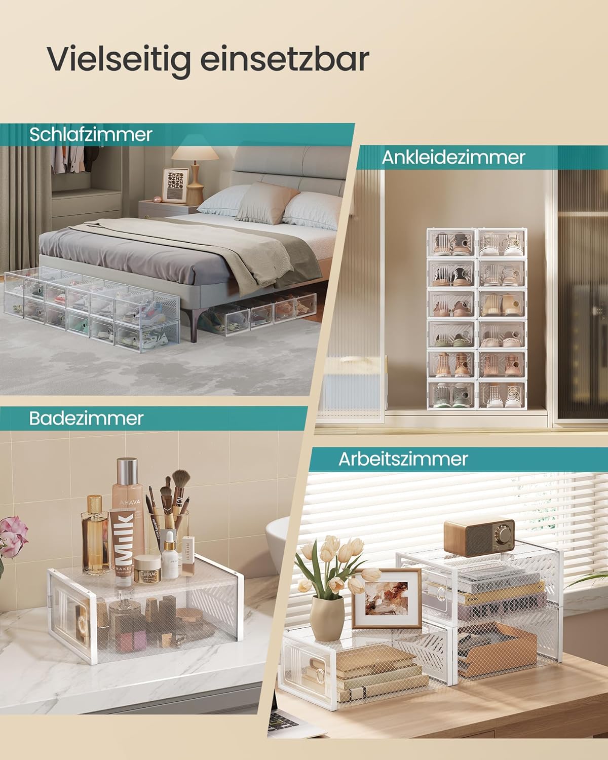 Schuhaufbewahrungsboxen-Set (18er, stapelbar), 18er Set Transparent + Weiss