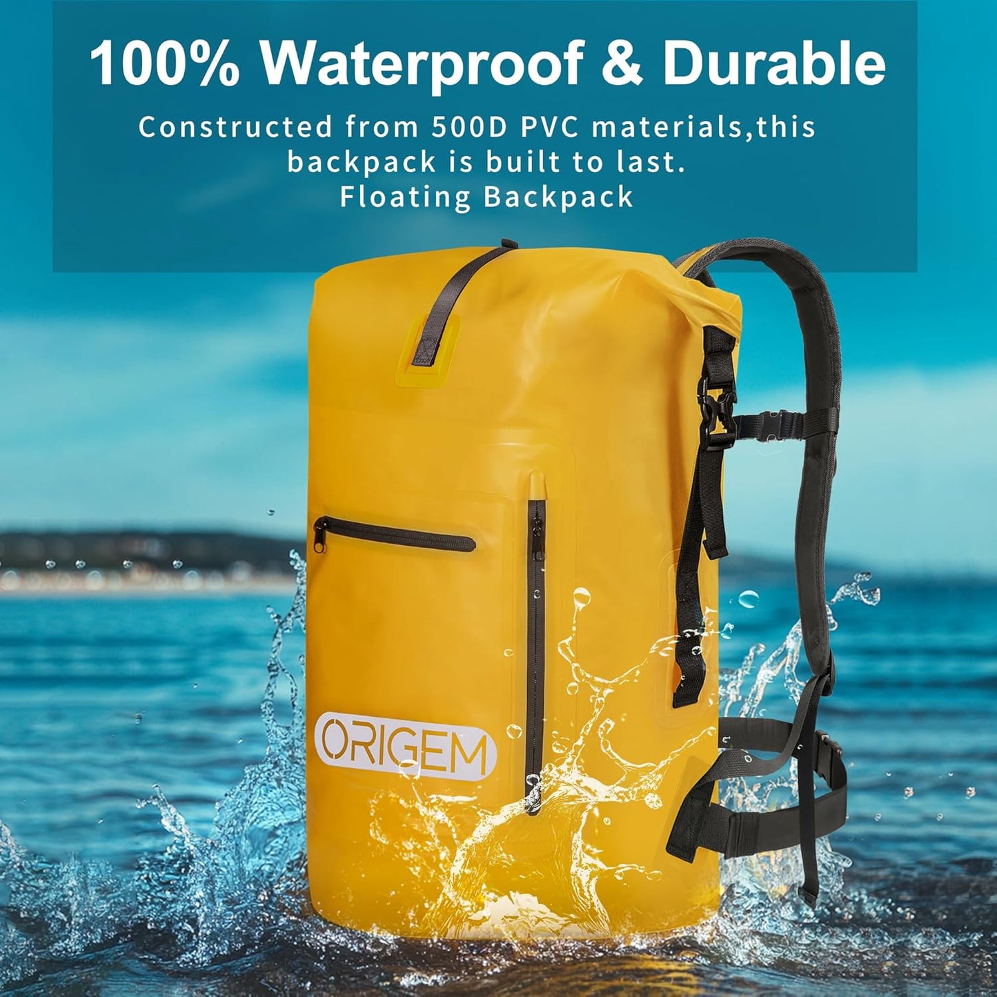 Wasserdichter Rolltop-Rucksack, 55 Liter, Gelb 55L