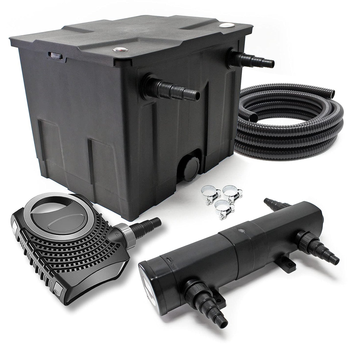Teichfilter Komplettset mit Pumpe und UVC Klärer, CBF-350 filter+3600l/h pumpe+24W UVC lampe+5M Schlauch+Schlauchschellen