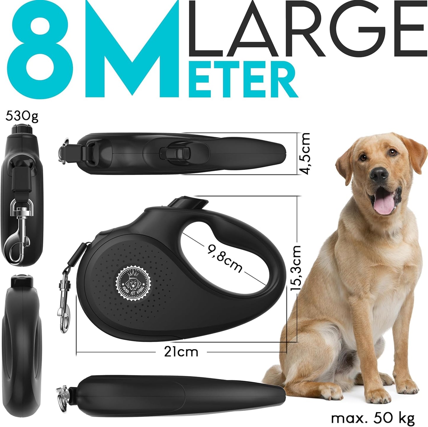 Rollleine für Hunde bis 50 kg, L | 8 m | bis 50kg Nachtschwarz