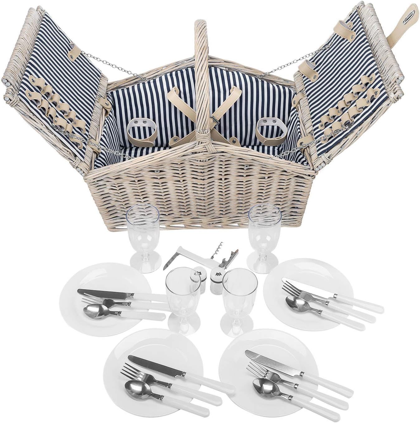 4 Personen Picknickkorb, 23-teilig, Beige - Blau Weiss