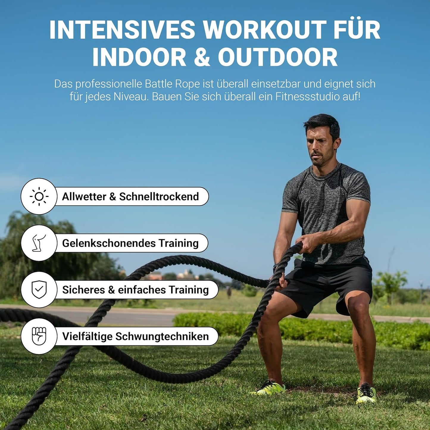 Battle Rope Trainingsseil, Schwarz / Rot - 15M - mit Stoffüberzug