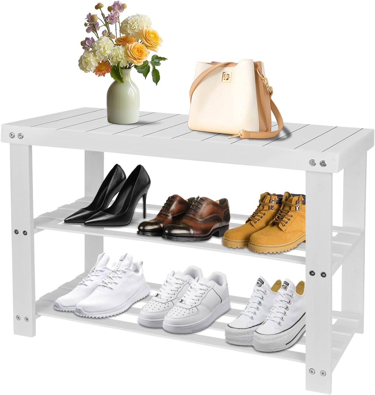 Schuhregal mit Sitzbank und 3 Ablagen, 70 X 27 X 42 Cm (1 Stück) Weiss