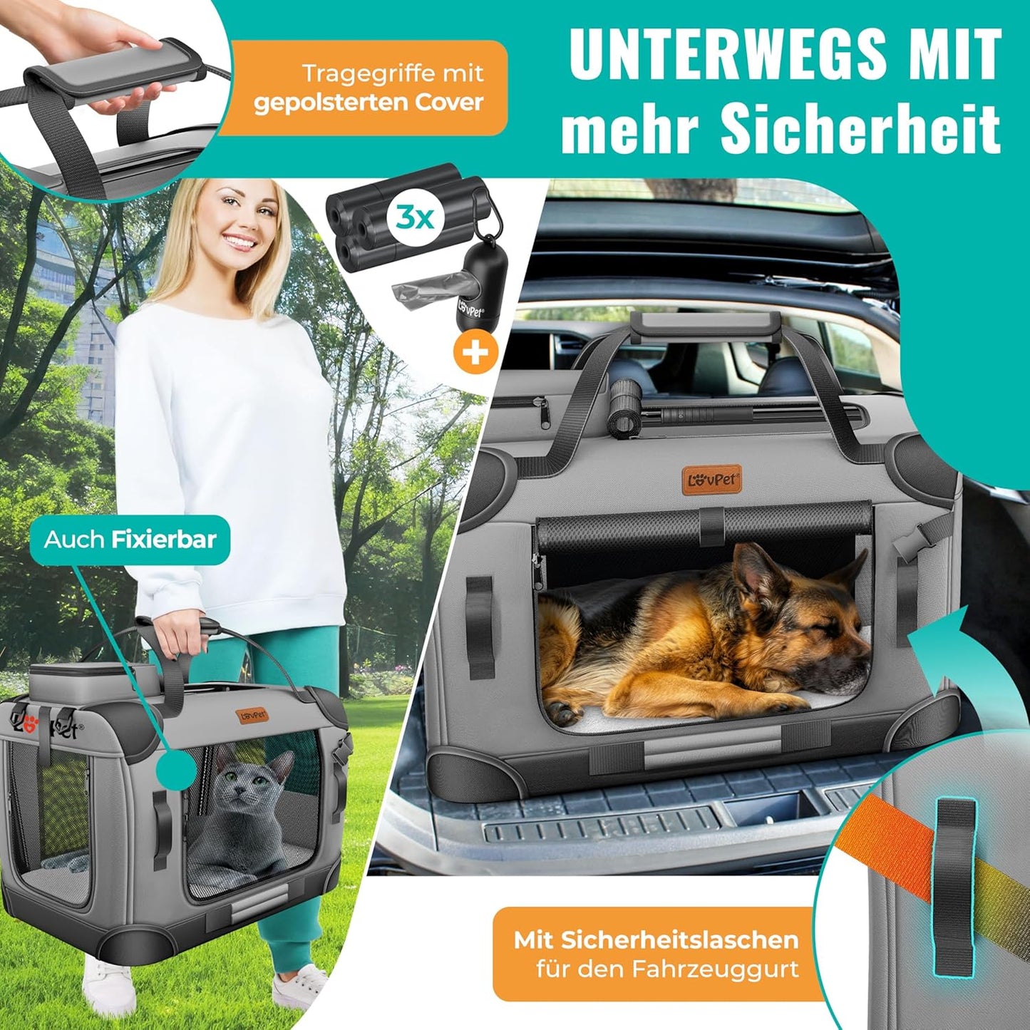 Faltbare Haustier-Transportbox inkl. Hundenapf & Schultergurt, XXXL Hellgrau