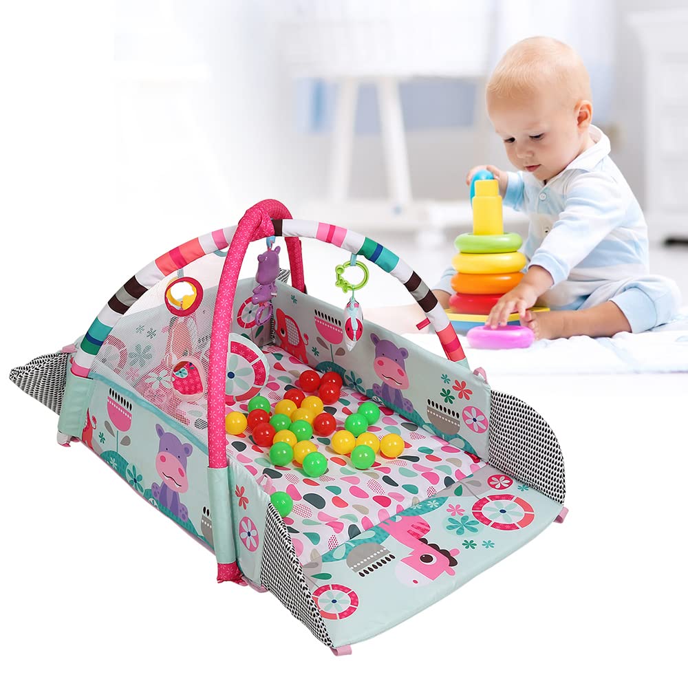 5-in-1 Baby Spieldecke mit Laufstall und Bällebad, 5 in 1-rosa