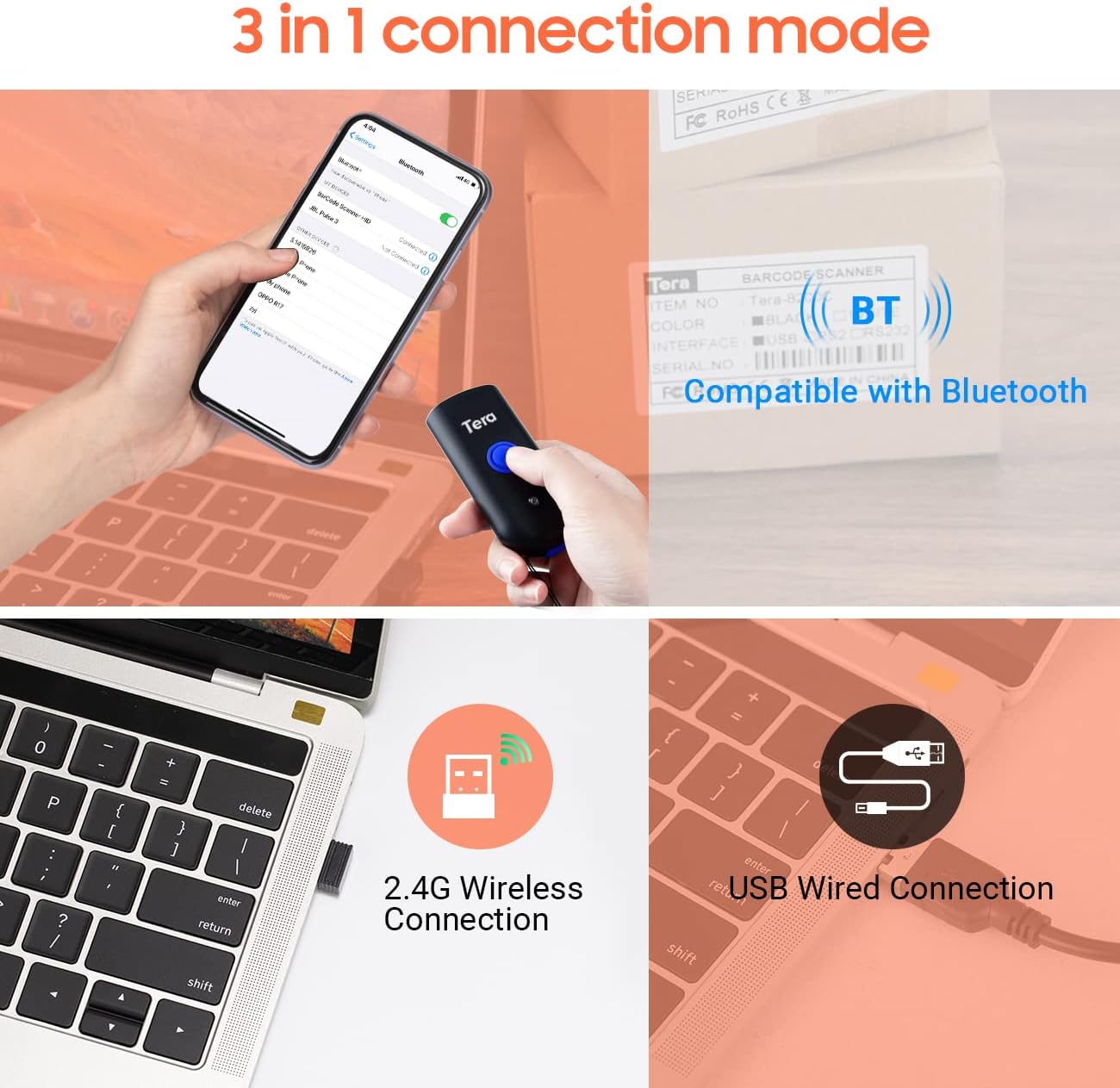 Kabelloser 1D Mini-Barcodescanner, 1D Laser Orange