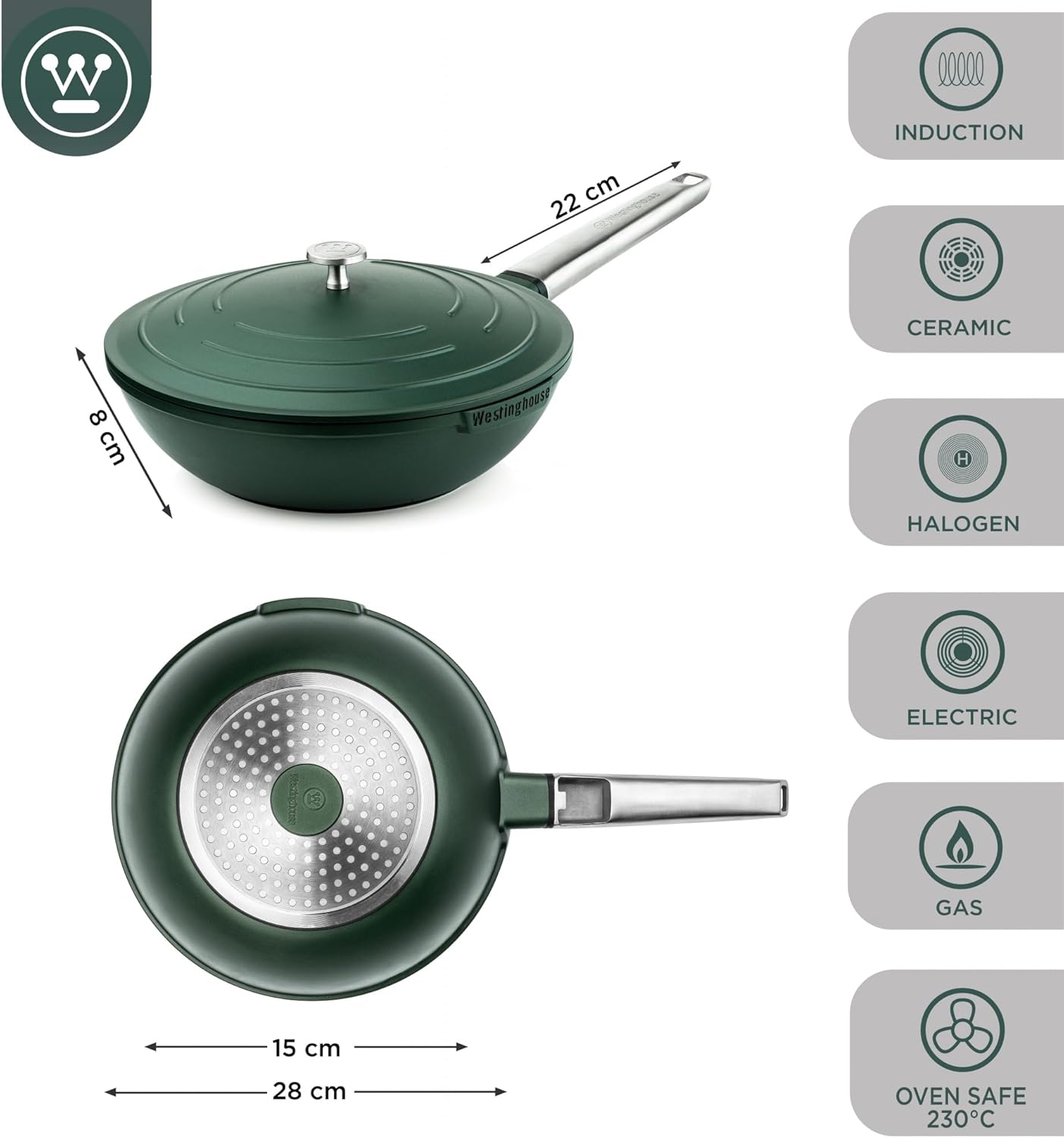 Antihaft Wokpfanne mit Deckel, Grün 28 cm