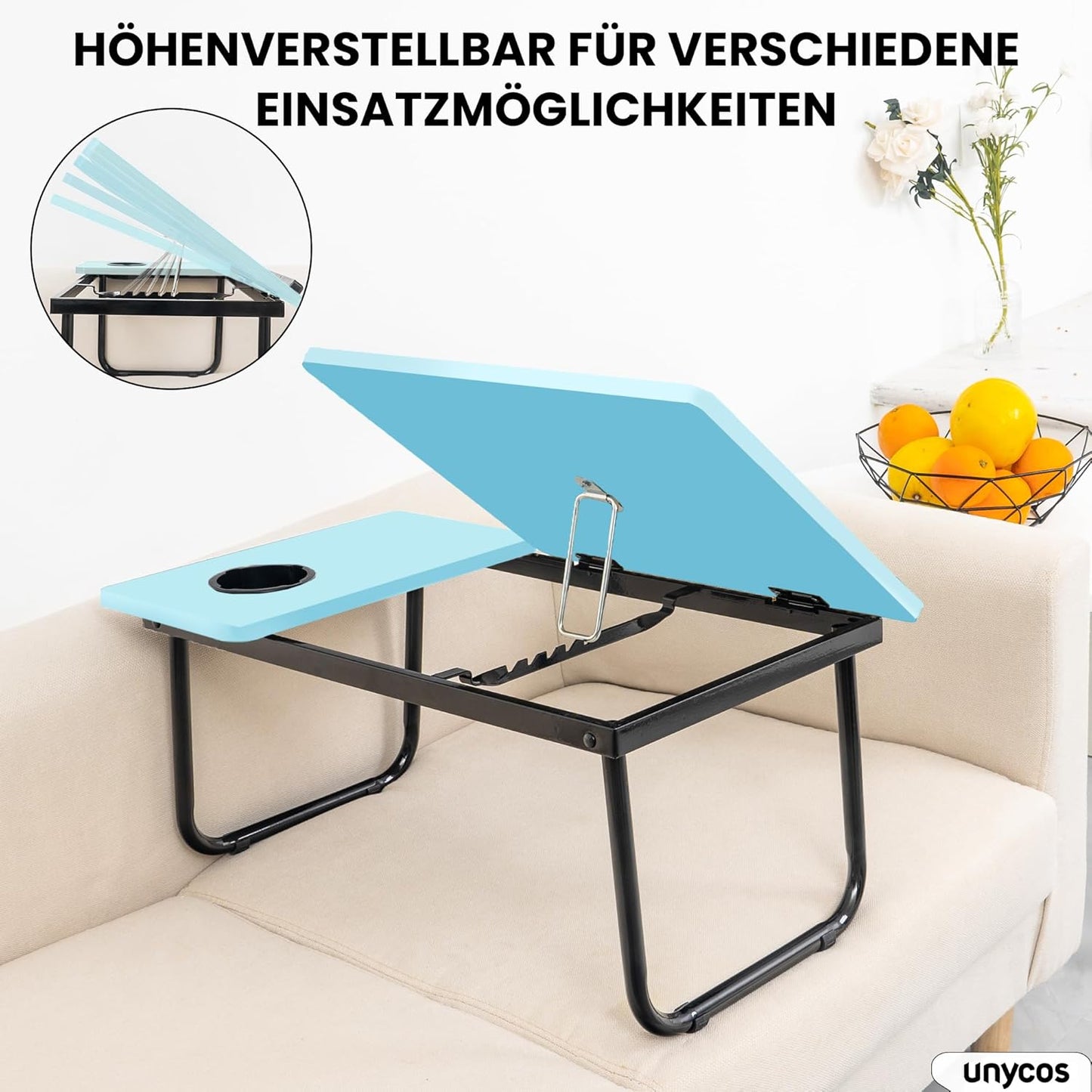 Klappbarer Laptoptisch mit Höhenverstellung & Becherhalterung, Blau