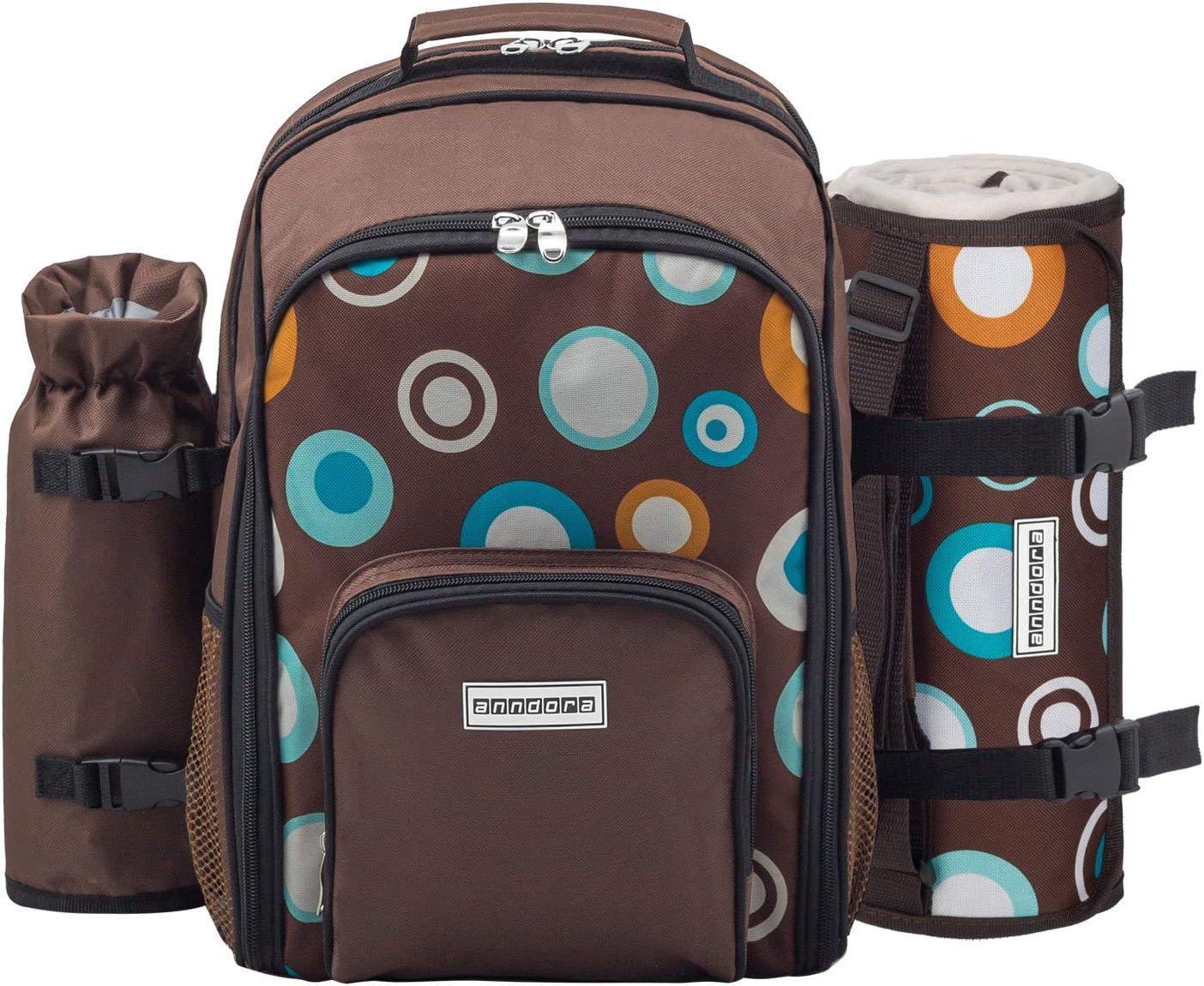 15-teiliges Picknickrucksack-Set für 2 Personen, Braun Bunte Kreise - Set