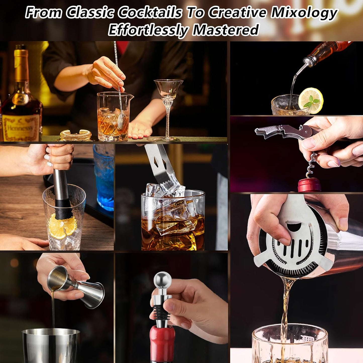 Cocktail Shaker Set mit Bambusständer (12-teilig), Silber-12 Stück