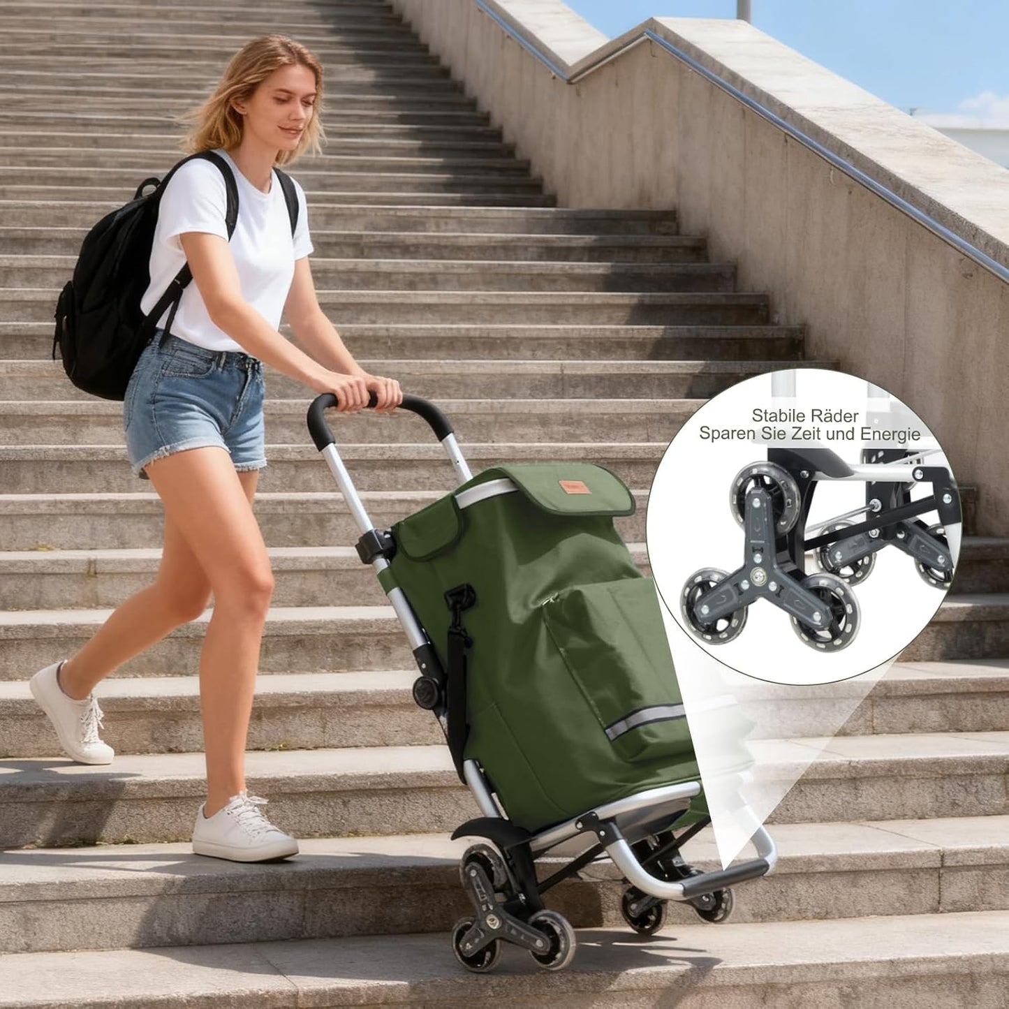 3in1 Treppensteiger Einkaufstrolley mit Kühlfach, Olivgrün