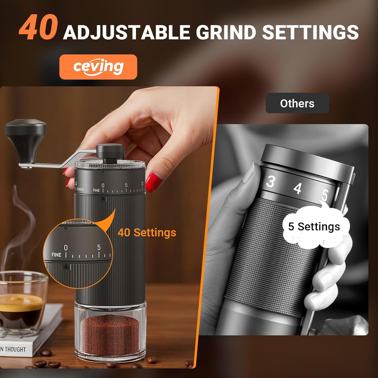 Manuelle Kaffeemühle mit 40 Mahlstufen, Keramikmahlwerk - Russschwarz