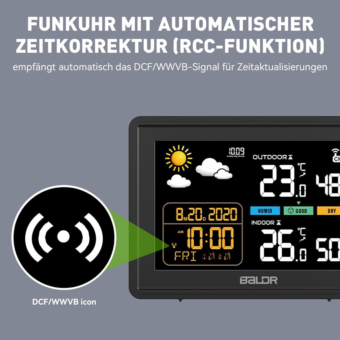Wetterstation mit Funkuhr und Aussensensor, Schwarz