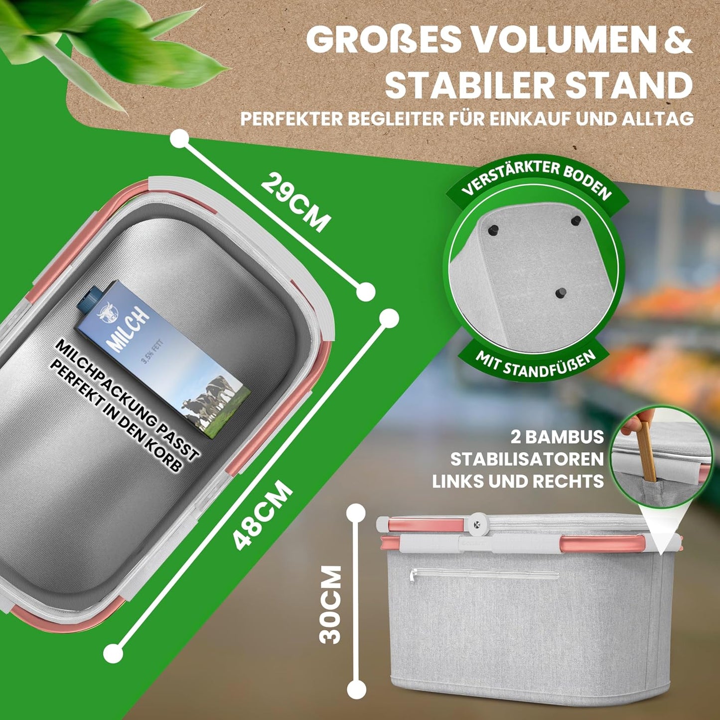 Thermo Einkaufskorb Kühltasche mit Reissverschlussfach, Hellgrau Rose