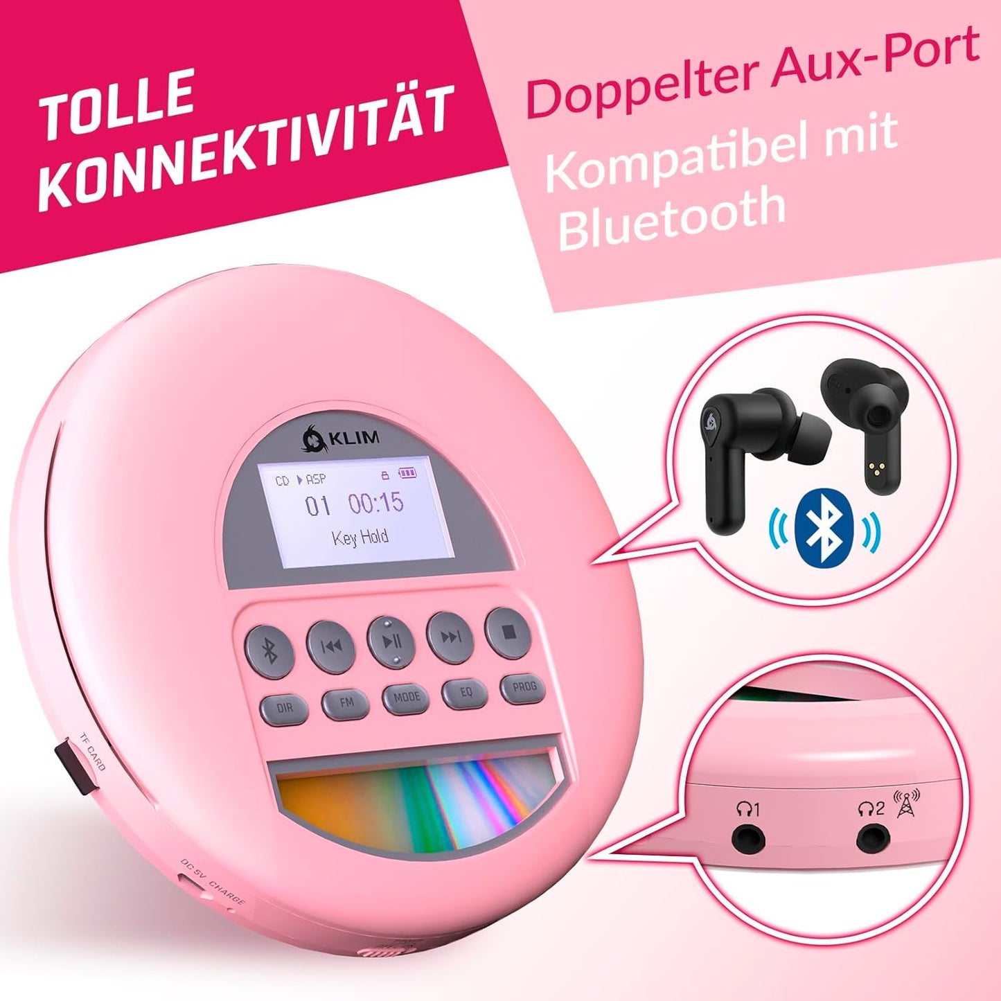 Tragbarer CD-Player mit Kopfhörern, Rosa