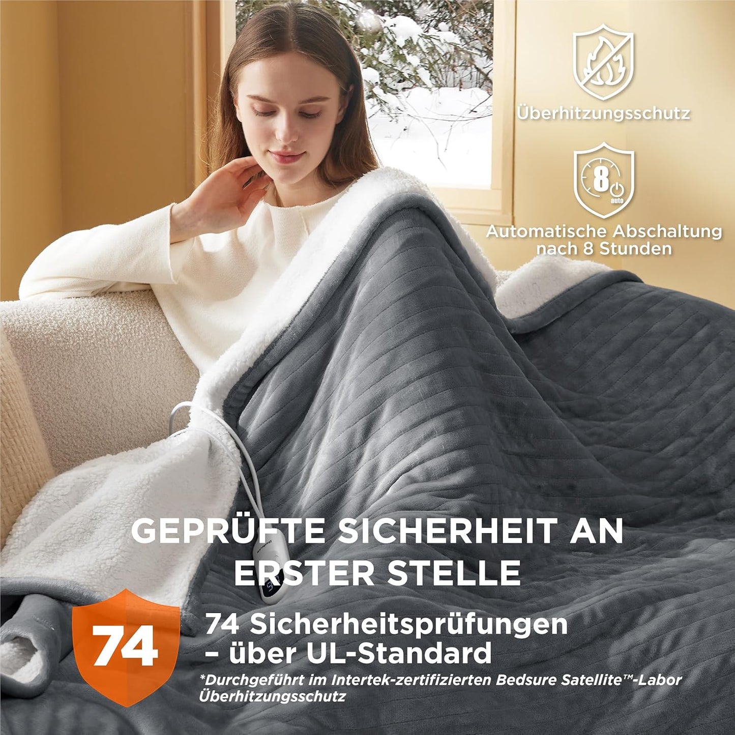 Heizdecke mit Abschaltautomatik & Timer, 180 x 200 cm 01 - Grau