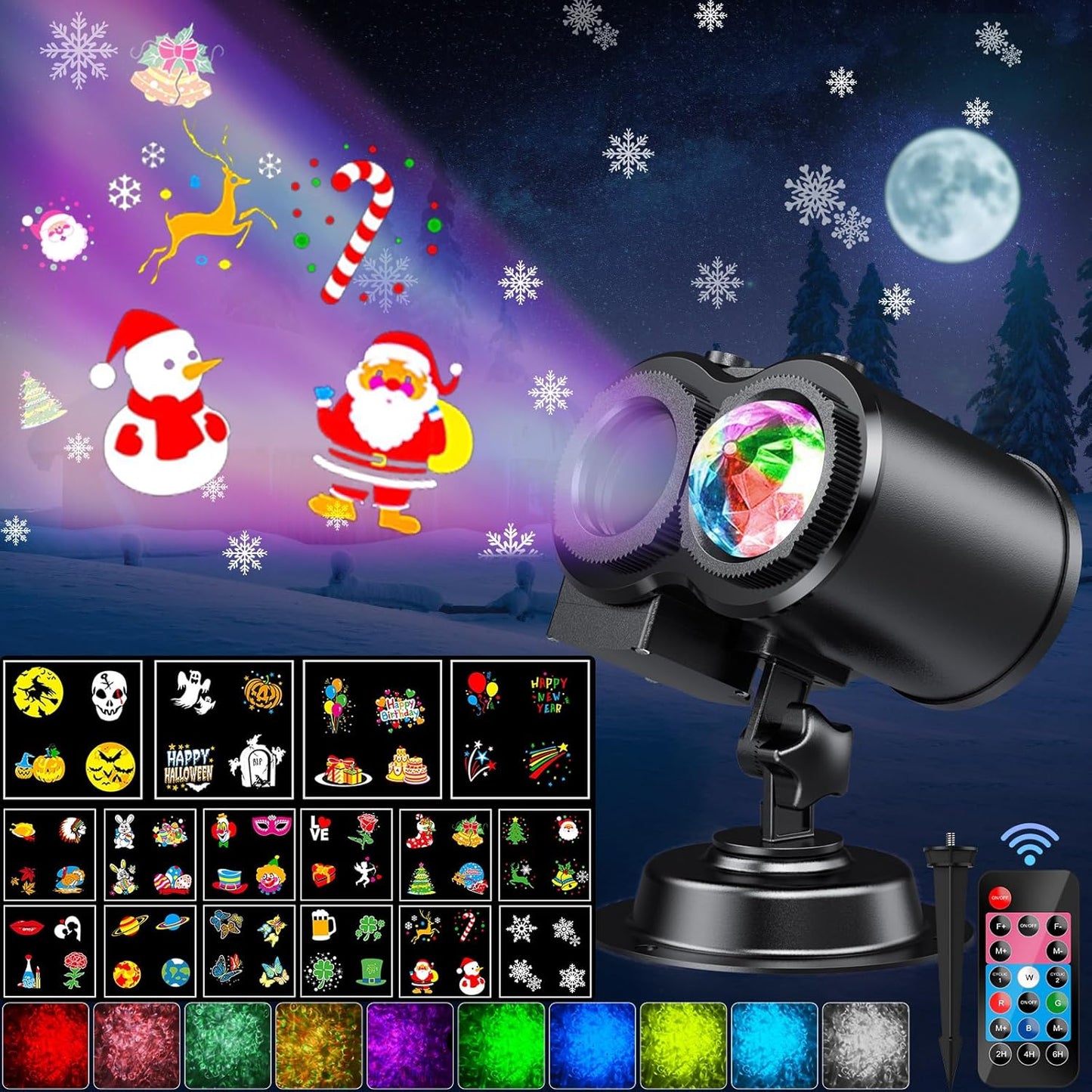 LED-Weihnachtsprojektor mit Fernbedienung, 16 Filme und 10 Farben
