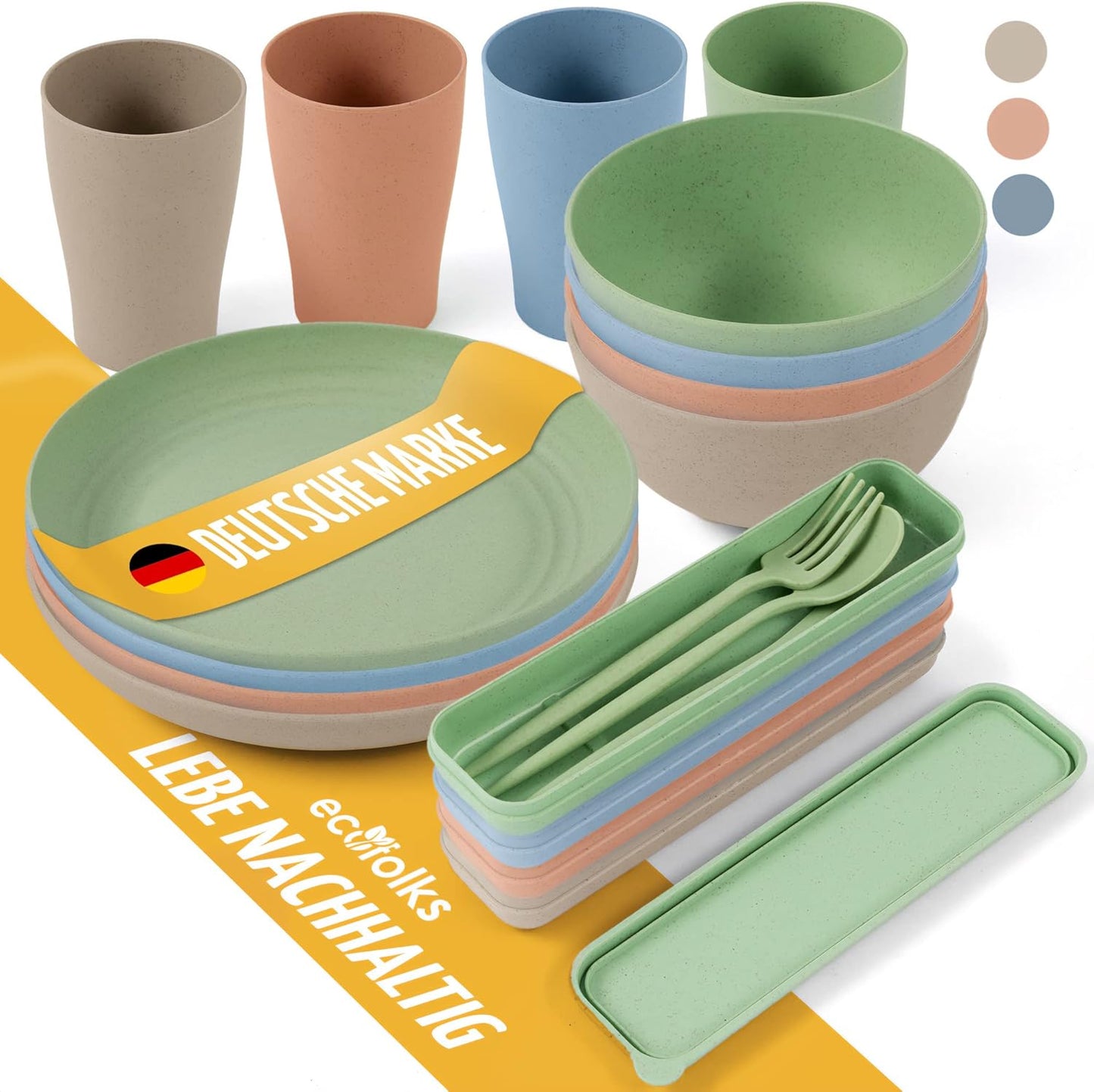 Umweltfreundliches Camping-Geschirrset (100% recycelt), Bunt